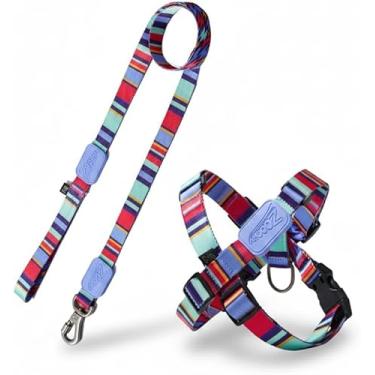 Imagem de Kit Peitoral Ajustável em X e Guia para Cães G (16-30kg) | Estampa Raios e Listras Violeta | Poliéster Resistente com Fecho de Segurança e Mosquetão de Metal