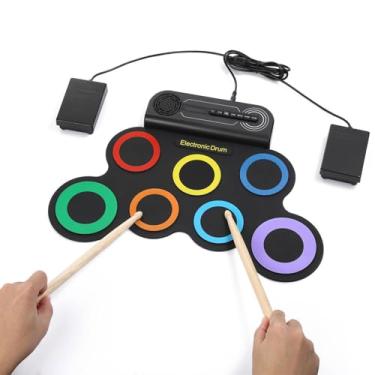 Imagem de Jiawu Conjunto de Bateria Eletrônica, 7 Almofadas, Almofada de Bateria Elétrica, Alto-falante Embutido, Máquina Portátil de Prática de Bateria Com Pedais e Baquetas