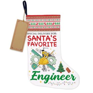 Imagem de TSUYAWU Engenheiro de Natal meia decoração de árvore de Natal - Entrega especial para presentes de engenheiro favorito do Papai Noel, meia de Natal pendurada para lareira escadas de parede, decoração