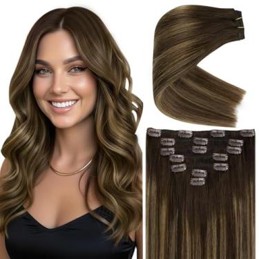 Imagem de Clipe ensolarado em extensões de cabelo humano real ombre marrom clipe em extensões de cabelo humano extremidade grossa balayage grampo de cabelo em extensões marrom escuro ombre loiro caramelo com destaques 40,64 cm 7 peças 120 g