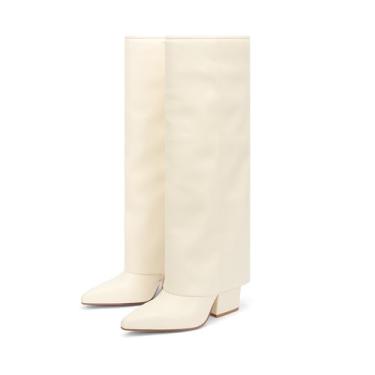 Imagem de Vaslemuse Botas de cano alto femininas com bico fino dobrável e salto baixo com zíper lateral, Bege, 39