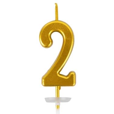 Imagem de Vela de bolo de feliz aniversário número - Vela CARGEN com placa de base para decoração de bolos em festas de aniversário e comemorações de aniversário de casamento, dourada, número 2