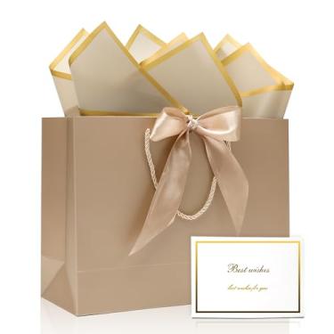 Imagem de KeerxunBag Conjunto de presente tudo-em-um: elegante bolsa de presente de champanhe com alças de fita, cartão de felicitações e papel de seda Perfeito para aniversário, casamento, dia das mães, 12,6 x