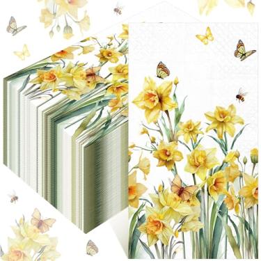 Imagem de Peryiter 100 guardanapos de papel para narcisos florais de primavera, 33 x 40 cm, guardanapos descartáveis para convidados, toalha de mão de flor em aquarela para banheiro, primavera, casamento