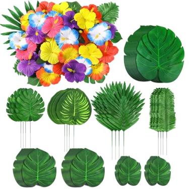 Imagem de 142 peças decorações de festa Luau planta falsa folha de palmeira monstera com hastes flores de hibisco folhas tropicais artificiais para decoração de mesa havaiana luau safári selva praia casamento