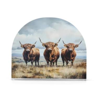Imagem de JUZIHAI Highland Cows Porta-guardanapos para mesa Dispensador de guardanapos de acrílico para mesa Suporte de lenços independente para cozinha sala de jantar bar festa decoração de casa