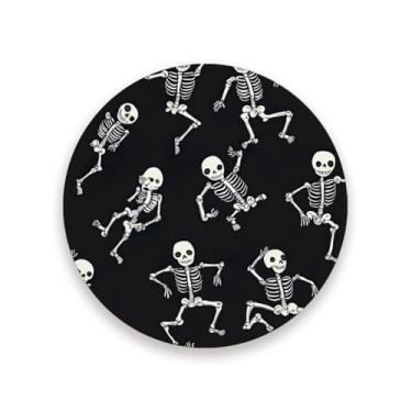 Imagem de JUZIHAI Conjunto de 4 porta-copos de esqueleto fofo de desenho animado, porta-copos redondos de pedra de cerâmica absorvente de 9 cm com base de cortiça, tapete de proteção de mesa para cozinha, bar