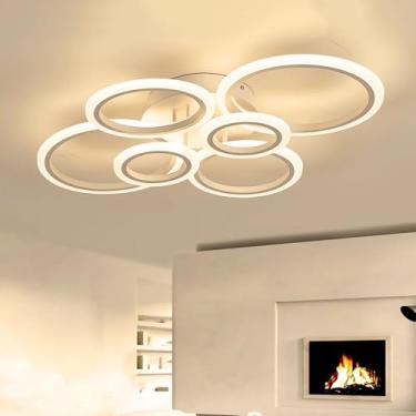 Imagem de Luminária de teto moderna LED com 6 anéis, 72 W, 5800 lúmens, luz branca 6000 K, lustre de embutir, ideal para cozinha, sala de estar, quarto, banheiro e iluminação interna. Dimensões: 80 x