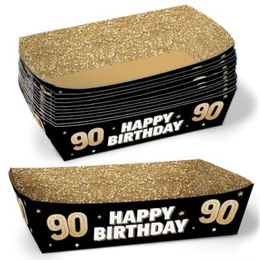 Imagem de Big Dot of Happiness Bandejas de comida de papel para festa de 90 anos, barcos de comida descartáveis, aniversário adulto preto e dourado, piquenique, churrasco, suportes de refeição de papel dupla