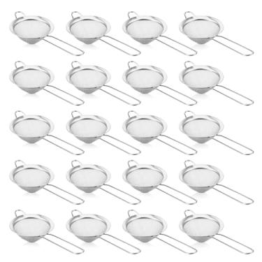 Imagem de 20 coadores pequenos de malha fina com alça de aço inoxidável de 8,4 cm, coador de mão cônico para suco de cozinha, coquetel de bar, chá de café, bebidas de café (prata)