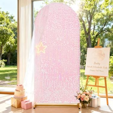 Imagem de Capa de arco de casamento iridescente branco: pano de fundo brilhante de lantejoulas de 2,5 m para decoração de festa de aniversário, festa de aniversário, chá de bebê