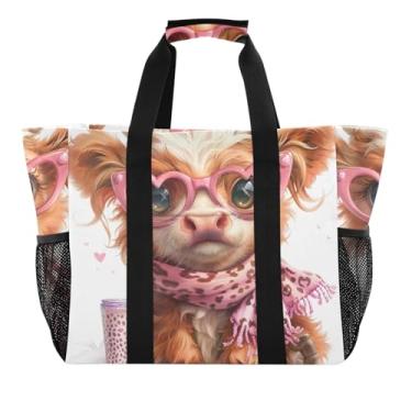 Imagem de ODAWA Sacola Highland Cow Pink Leopard, leve, academia, praia, para férias e compras de supermercado, Highland Cow Pink Leopard, One Size