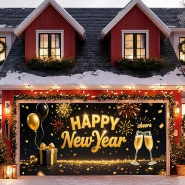 Imagem de HOMETITUTE Faixa de porta de garagem de ano novo Feliz Ano Novo Cheers taças de champanhe fogos de artifício fundo preto dourado decoração de porta de garagem para festa ao ar livre celebração 13x6FT