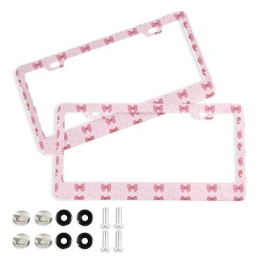 Imagem de SEHANY Lindas molduras de placa de licença de laço rosa, moldura de placa de carro de alumínio à prova de ferrugem com orifícios elípticos e parafusos serve para veículos padrão dos EUA tamanho