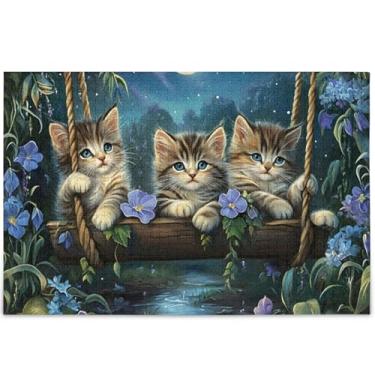 Imagem de Quebra-cabeça floral de gatinhos com pintura de gato fofo personalizado para adultos, 500 peças, estampa de animais, cena natureza, elefante branco, 52 x 37,8 cm