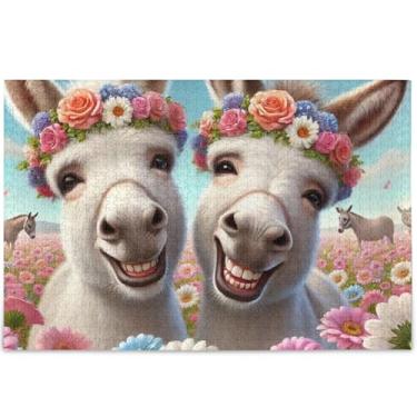 Imagem de Quebra-cabeça de animal sorridente de burro personalizado para adultos 1000 peças paisagem arte animal quebra-cabeças exclusivos para adultos amantes de elefantes brancos, presentes, 75 cm x 50 cm