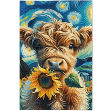 Imagem de Quebra-cabeça Noite Estrelada Vaca Highland Girassol 500 Peças Adultos Presentes Tecnológicos para Amantes Quebra-cabeça Rígido Personalizado Animal Flor Artística, 52 cm x 37,8 cm