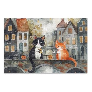 Imagem de Quebra-cabeça adulto com estampa de ponte de gatos fofos 500 peças de arte animal impressão personalizada natureza quebra-cabeça família elefante branco presentes, 51 x 35 centímetros