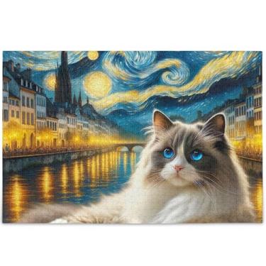 Imagem de Ragdoll Cat Starry Night Quebra-cabeças personalizados fofos para adultos 1000 peças amigos engraçados família jogos presentes arte quebra-cabeças rígidos paisagem arte animal, 75 cm x 50 cm