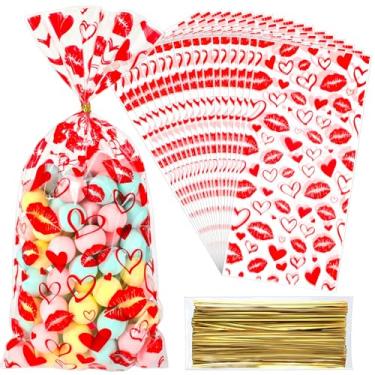 Imagem de Tinlade 100 unidades de sacos de presente de dia dos namorados, sacos de celofane com laços torcidos, coração vermelho e lábios embalagem de petiscos de plástico para lanches, biscoitos, guloseimas