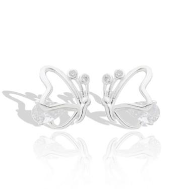 Imagem de Brinco Feminino Prata Borboleta Pedra Zirconia Minimalista - Lojas La&
