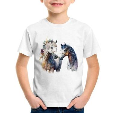 Imagem de Camiseta Infantil Casal de Cavalos Watercolor - Foca na Moda, Branco, 