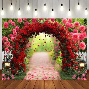 Imagem de LTLYH Pano de fundo de arco rosa de 2,4 x 1,8 m, cenário floral de jardim do dia dos namorados, festas de noivado, aniversários, chás de panela, sessões de fotos de casais decoração adereços para