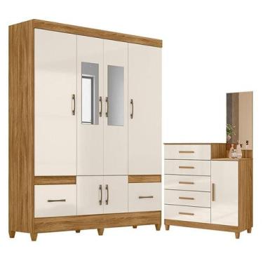 Imagem de Guarda Roupa Casal MS912 com espelho e Cômoda Lisboa Freijó Off White 