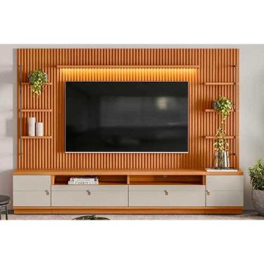 Imagem de Rack Bancada c/ Painel p/ TV até 75 Pol Ouro Preto Ripado 2Gav. 2Ptas. 4Prat. e Leds 224x198cm Nature/Off White - Linea Brasil