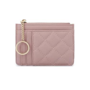 Imagem de Carteiras femininas de couro com bolso frontal fino e rosa com bloqueio de RFID com porta-cartões com chaveiro