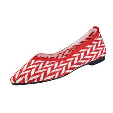 Imagem de Tênis feminino fashion casual primavera verão combinando cores malha voadora respirável bico fino bico fechado um pé boca rasa sapatos rasos, Vermelho, 38