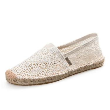 Imagem de Alexis Leroy Espadrilles de lona listrada plana feminina tradicional, Branco, 7-7.5