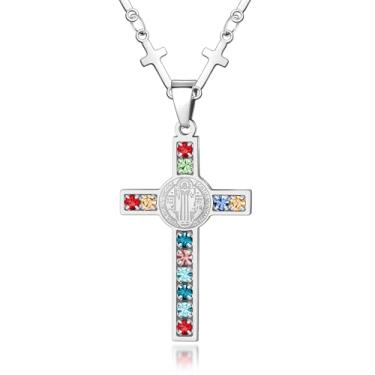 Imagem de Hipunk Colar com pingente de medalha de São Bento de aço inoxidável com cristais multicoloridos, joias de cruz religiosa para homens e mulheres com caixa de presente, ONESIZE, Aço inoxidável, Sem