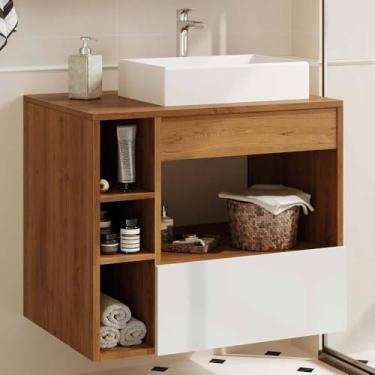 Imagem de Balcão Gabinete de Banheiro 78cm com Cuba de Mármore Sintético e Espelheira – 2 Portas Basculantes, Kit Completo para Organização Doméstica (Canela Off)