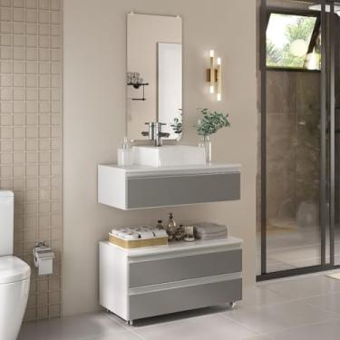 Imagem de Gabinete de Banheiro 80cm Completo – Cuba Integrada e Espelheira, Armário Espaçoso para Higiene, Cosméticos e Utensílios Doméstico Familiar (Branco/Cinza)