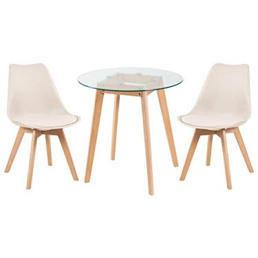 Imagem de Loft7, Mesa redonda com tampo de vidro 70 cm + 2 cadeiras Leda Creme