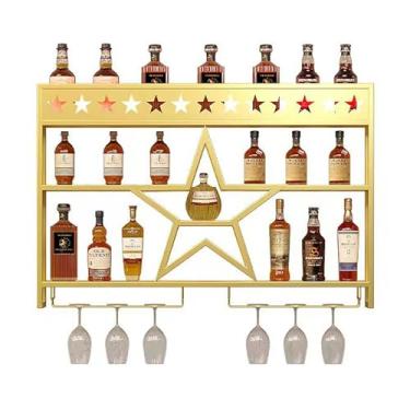 Imagem de Rack de vinho de metal montado na parede, suporte de exibição suspenso de unidade de bar, prateleiras flutuantes multifuncionais com suporte de vidro, organizador de armazenamento de vinho, para casa