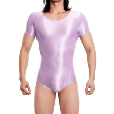 Imagem de SEAUR Body masculino brilhante justo unitard roupa íntima de manga curta collant brilhante lingerie elástica macacão, Roxa, M
