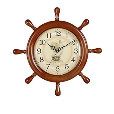 Imagem de Relógio de parede retrô de madeira maciça com leme de 30 cm, silencioso, sem tique-taque, operado por bateria, para casa/escritório/cozinha - bandeja de papel pequena marrom