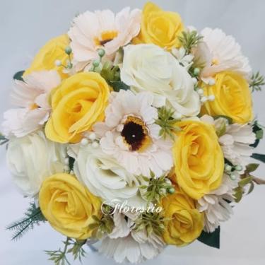 Imagem de Buquê de Noiva Artificial com Flores Coloridas para Casamento Civil ou Religioso(Amarelo/Branco/Margarida)