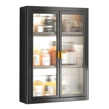 Imagem de Organizador de cosméticos montado na parede do banheiro, organizador de armário de remédios com porta de vidro e prateleiras ajustáveis, rack de perfume de bancada de banheiro (preto, 50 x 71 x 14 cm)