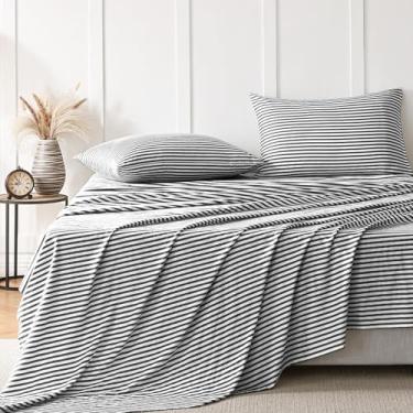Imagem de JELLYMONI Jogo de lençol solteiro 100% algodão natural, 3 peças de lençol listrado preto e branco – jogo de cama com bolsos profundos de 40,6 cm, ultramacio, lavável na máquina