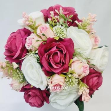 Imagem de Buquê de Noiva Artificial com Flores Coloridas para Casamento Civil ou Religioso(00525/RosaOutono/Branco/Rosa)