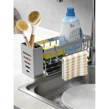 Imagem de Organizador de pia de cozinha com suporte de escova alto, suporte de esponja para pia, aço inoxidável à prova de ferrugem, organizador de dispensador de sabão de bancada, decoração e acessórios