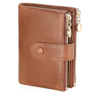 Imagem de Carteira feminina pequena de couro com bloqueio de RFID, dois bolsos com zíper, carteira para cartão com 2 janelas para identidade, Marrom, Clássico