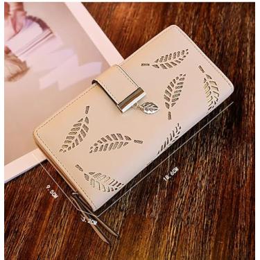 Imagem de Carteira feminina de couro dobrável de folha longa, porta-cartões, fivela com zíper, elegante, carteira clutch para mulheres - damasco, Caqui, Bonito