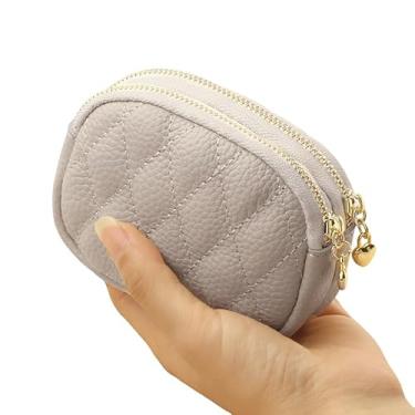Imagem de Carteira pequena feminina moderna com zíper duplo, carteira, carteira, cartão de crédito simples, carteira fina para presente, Cinza, Estilo retrô