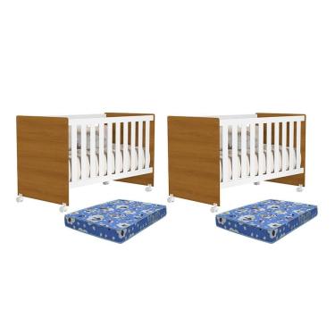 Imagem de Kit Gêmeos Berço Americano Tico Branco/savana Com Colchões Baby Physical - Reller Móveis Branco/savana