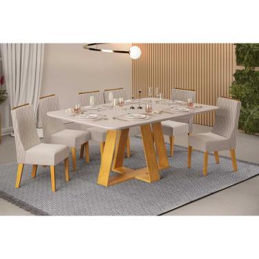 Imagem de Conjunto: Mesa de Cozinha Celeste c/ Tampo Madeirado c/ Vidro Curvo 160x90cm e 6 Cadeiras Jade Cedro/Off White - Linho Neve - DJ Móveis