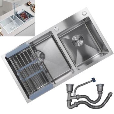 Imagem de Cuba Dupla Cozinha Gourmet Aço Inox Escovado Luxo Escorredor Lava Louça Alimento Escorre Limpa Torneira Pia Area Externa